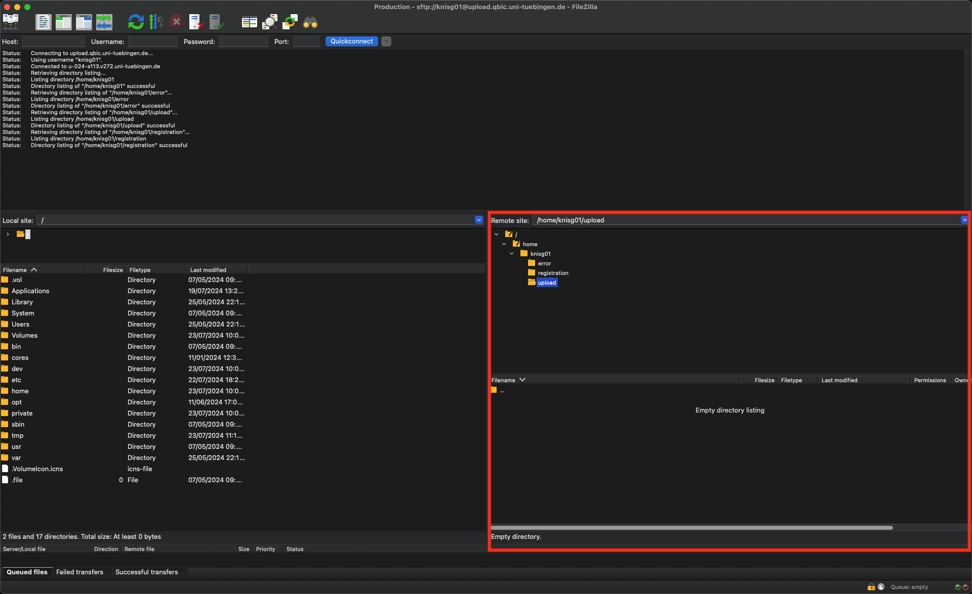 An image showing the users home folder. You can see three directories named registration, error and upload.