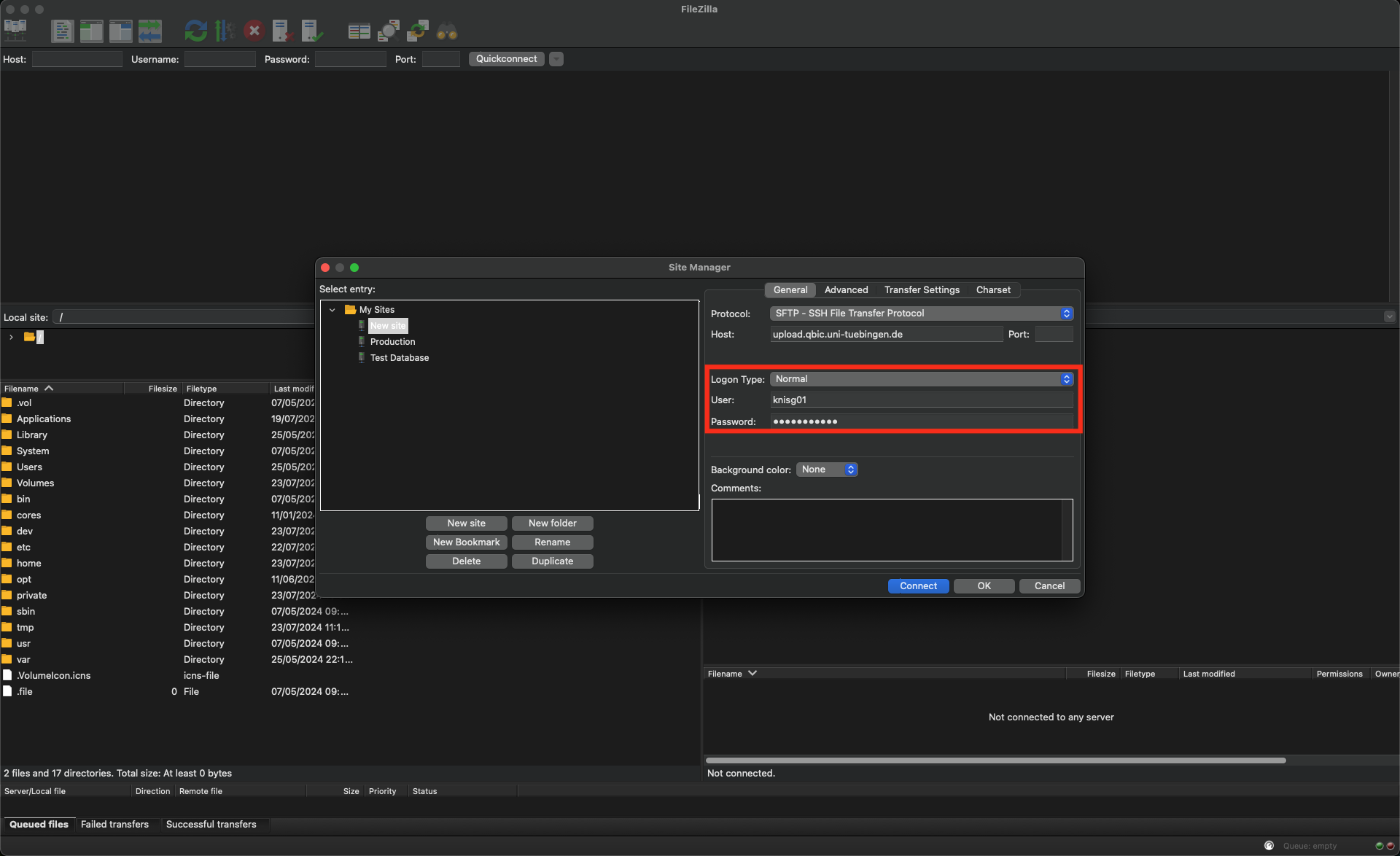 An image showing the users site manager highlighting the user and password field