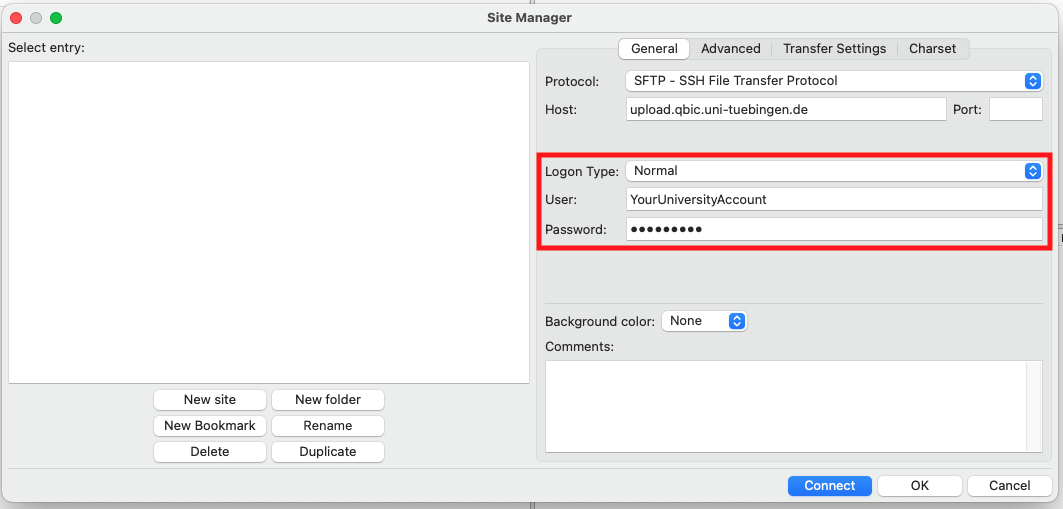 An image showing the users site manager highlighting the user and password field
