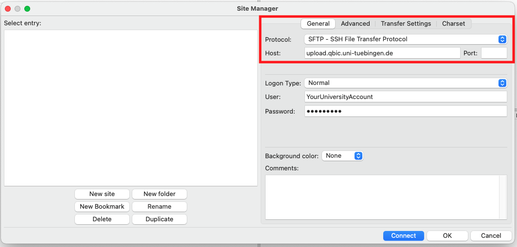 An image showing the users site manager highlighting the host and connection field